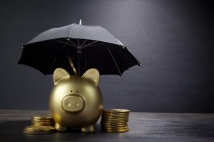 Gold Piggy Bank With Umbrella